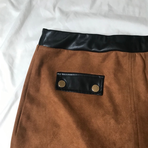 Brown Faux Suede Mini Skirt with Black Faux Leather Trim & Gold Button Detail - Picture 4 of 11